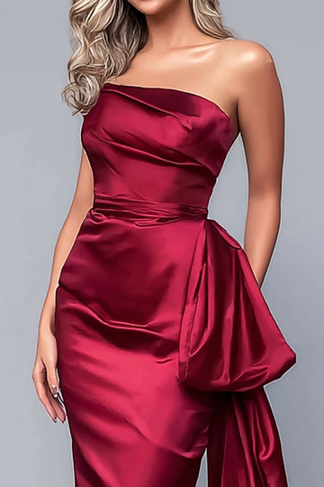 Strapless Sheath Burgundy Long Formal Dress with Sash